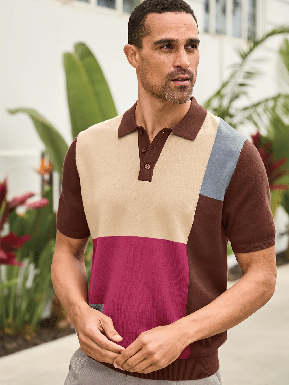 Cotton Three Button Polo - Brown Multi - Image 7