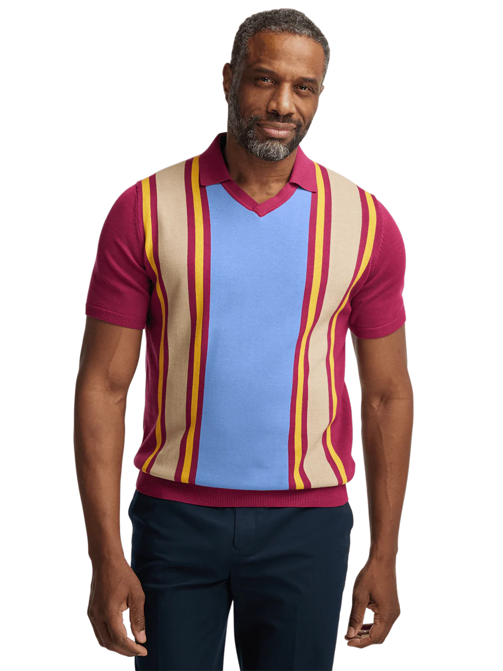 Cotton V-neck Polo - Burgundy - Image 2