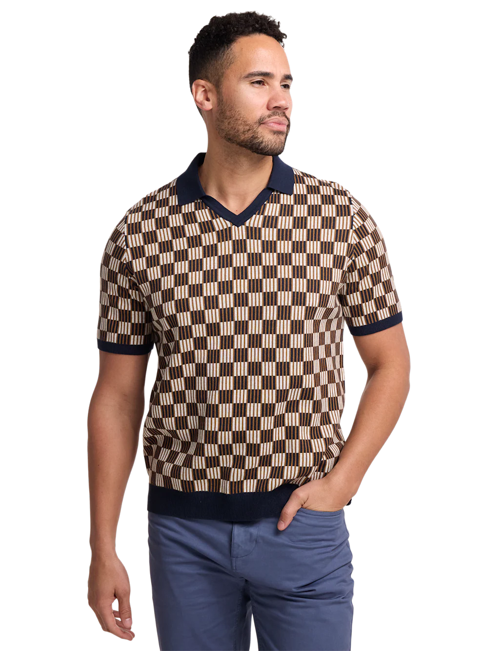 Cotton V-Neck Polo - Navy - Image 2