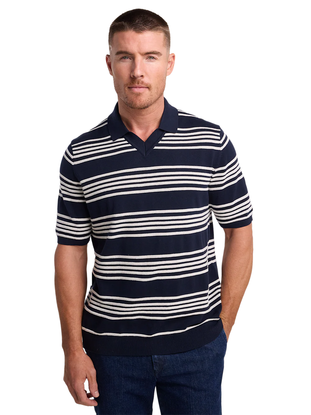 Cotton V-Neck Polo - Navy - Image 2