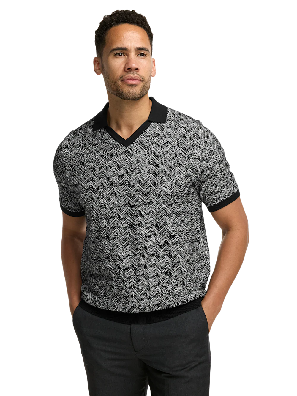 Cotton V-neck Polo - Black - Image 2