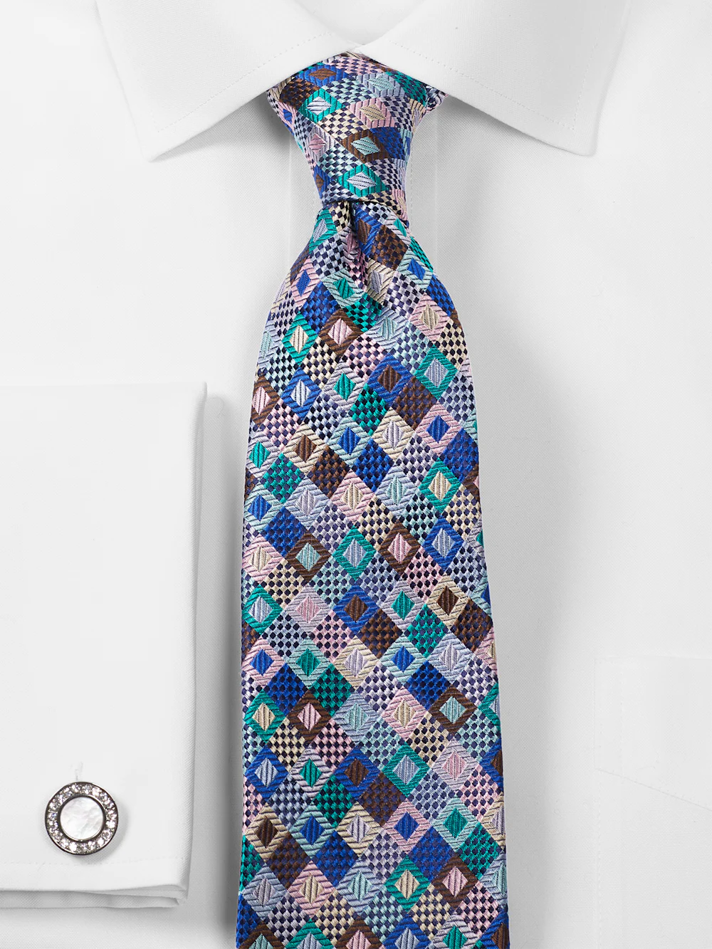 Geometric Woven Silk Tie - Blue Multi - Image 2