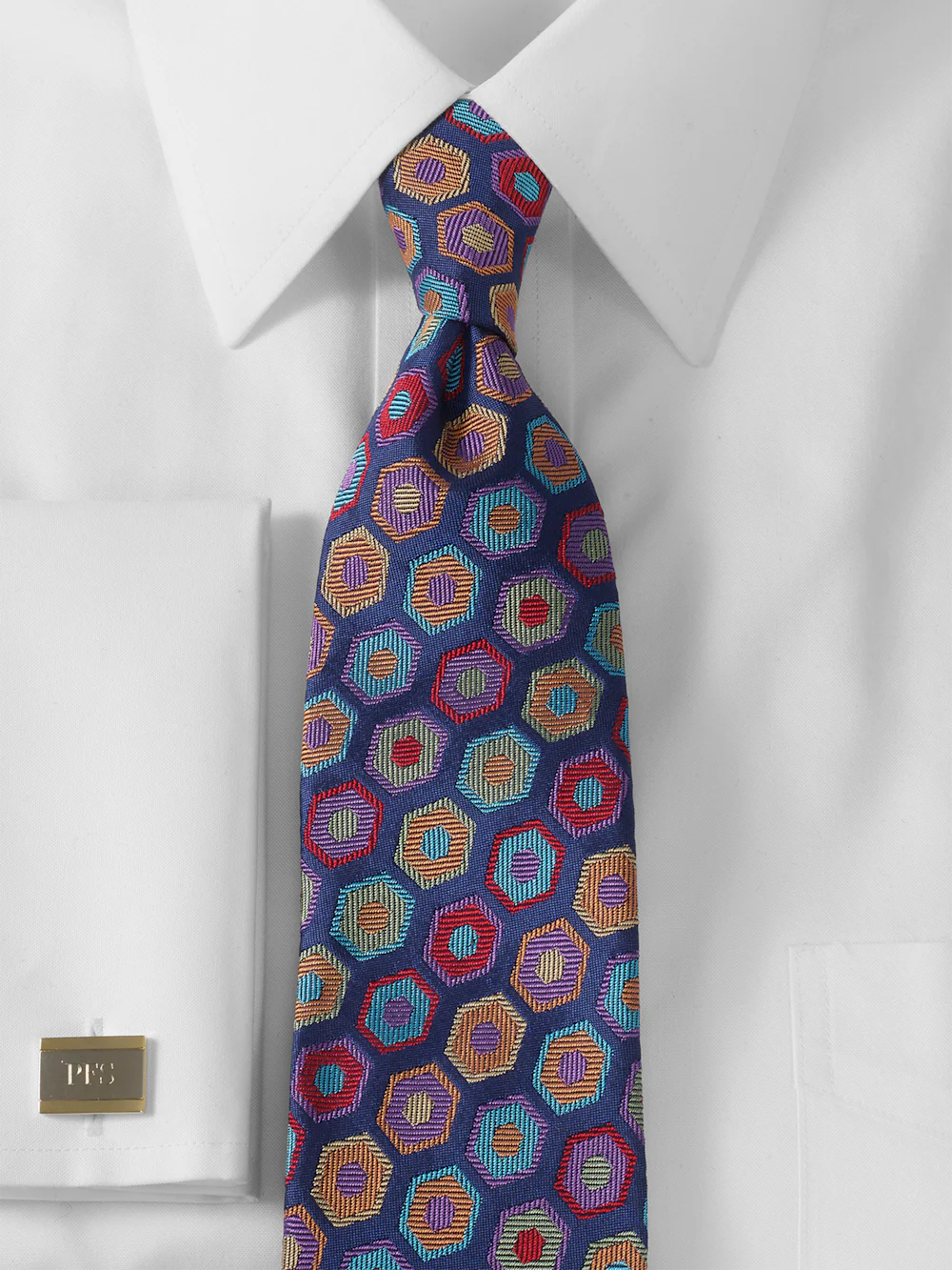 Geomteric Woven Silk Tie - Navy Multi - Image 2