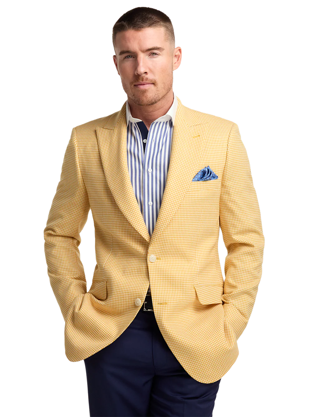 Houndstooth Wool Single Breasted Peak Lapel Sport Coat - Yellow - Image 2