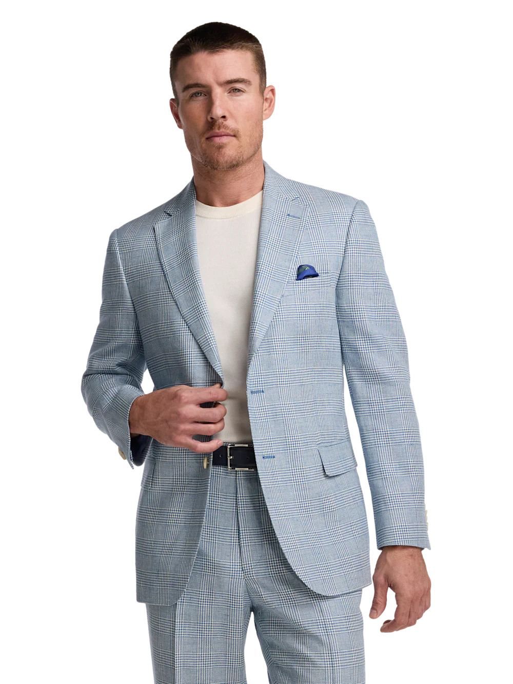 Italian Cotton Blend Single Breasted Notch Lapel Suit Jacket - Tan/blue Plaid - Image 2