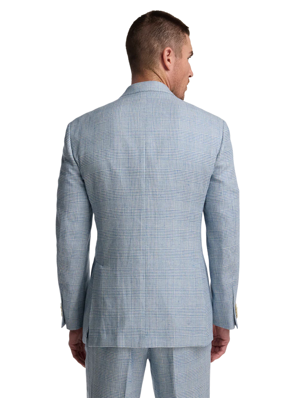 Italian Cotton Blend Single Breasted Notch Lapel Suit Jacket - Tan/blue Plaid - Image 7