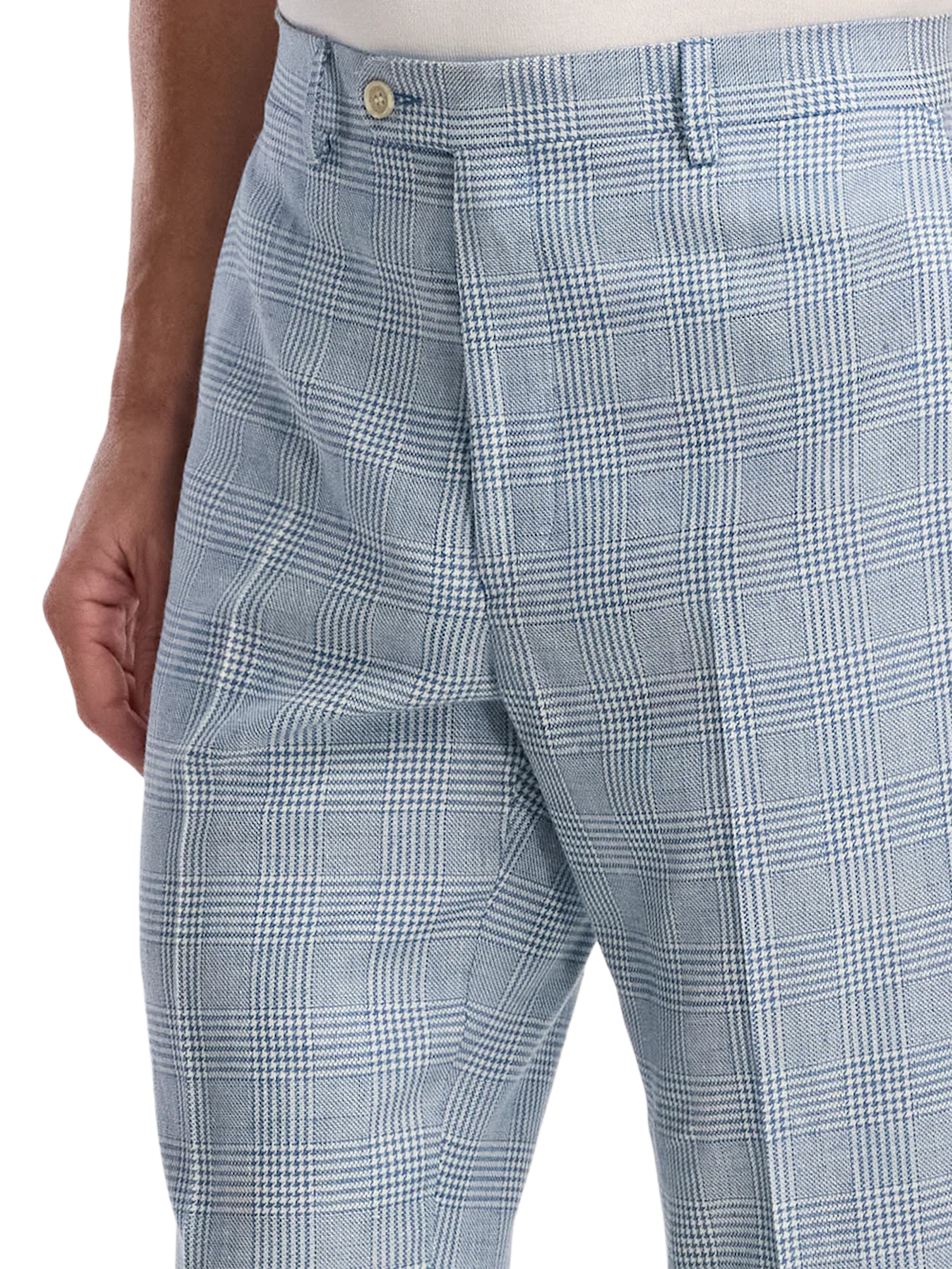 Italian Cotton Blend Single Breasted Notch Lapel Suit Pant - Tan/blue Plaid - Image 3
