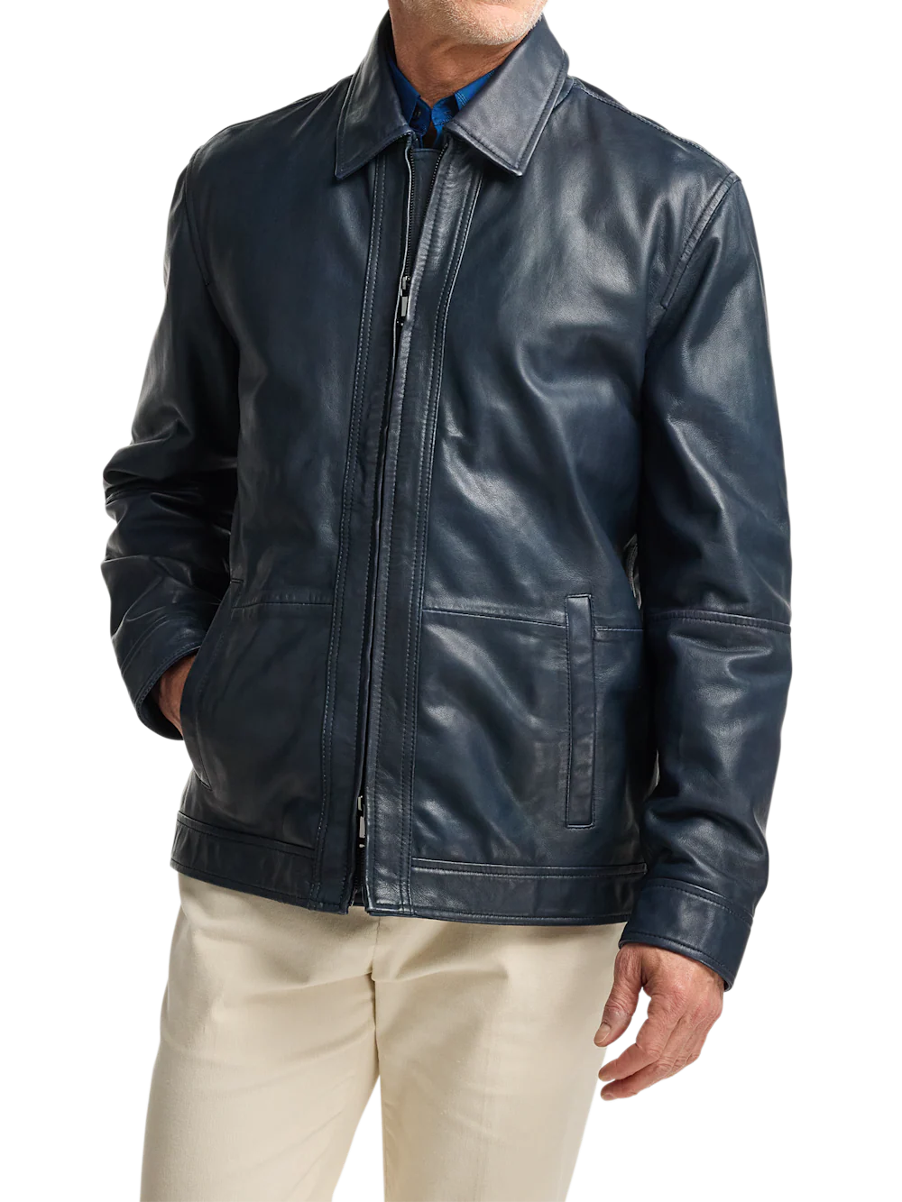 Leather Bomber Jacket - Navy - Image 3