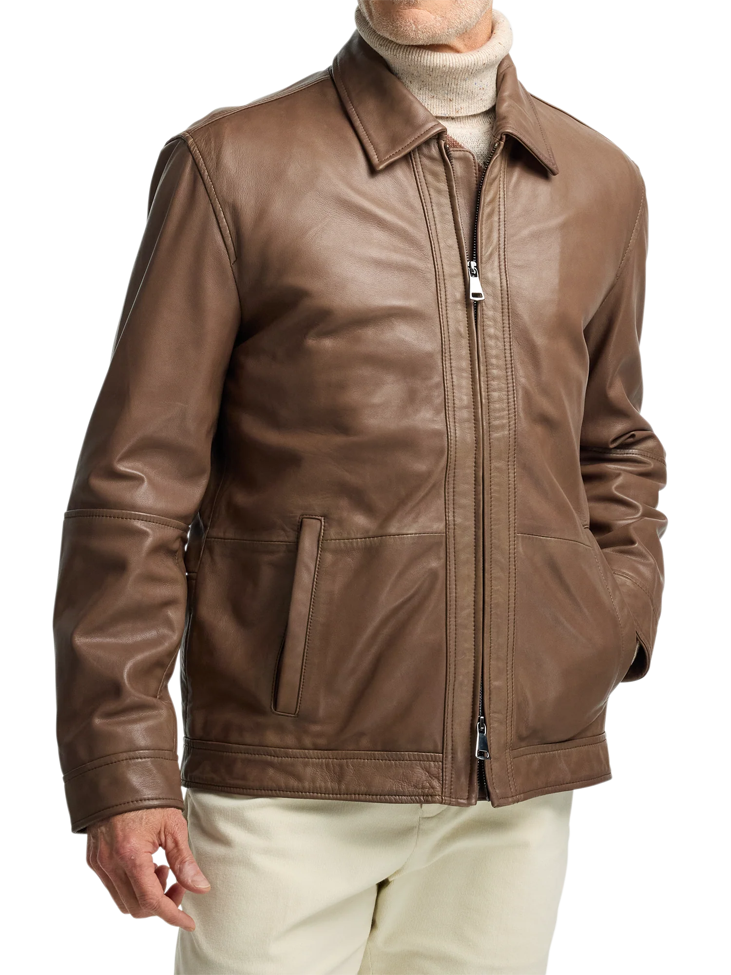 Leather Bomber Jacket - Brown - Image 3
