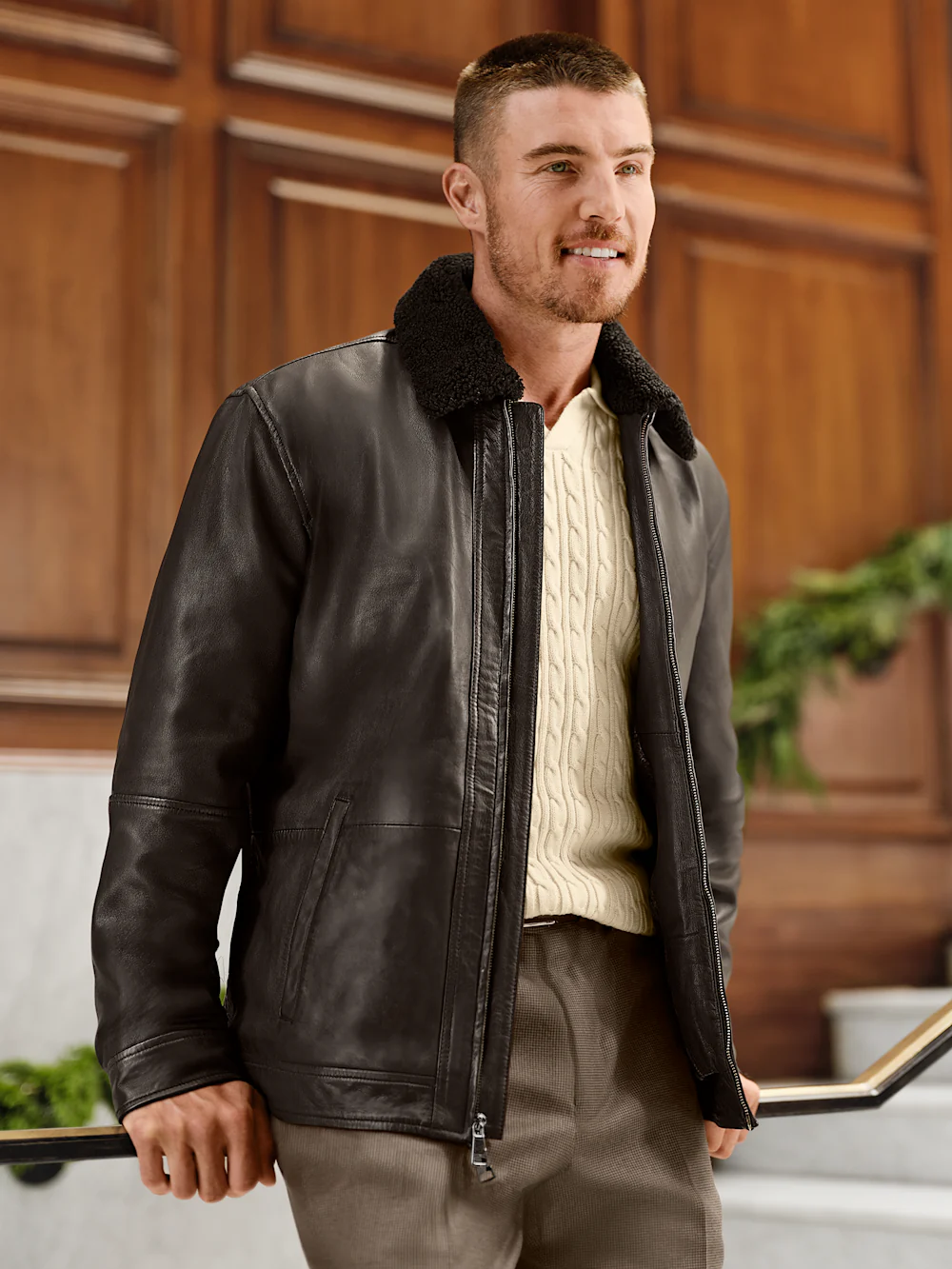 Leather Bomber Shearling Jacket - Brown - Image 8