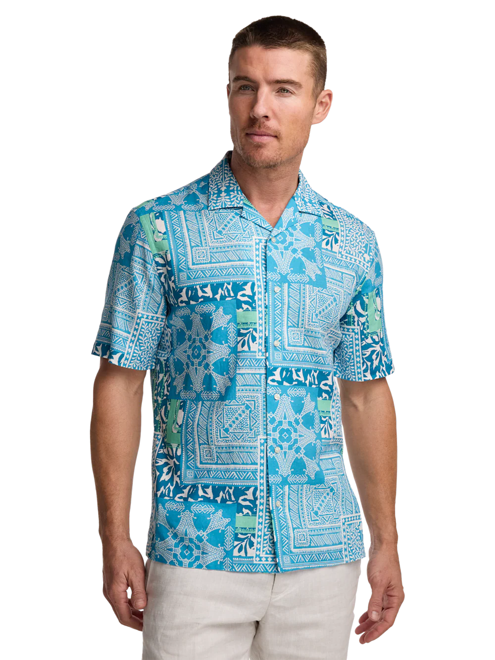 Linen Blend Bandana Casual Shirt - Aqua - Image 2