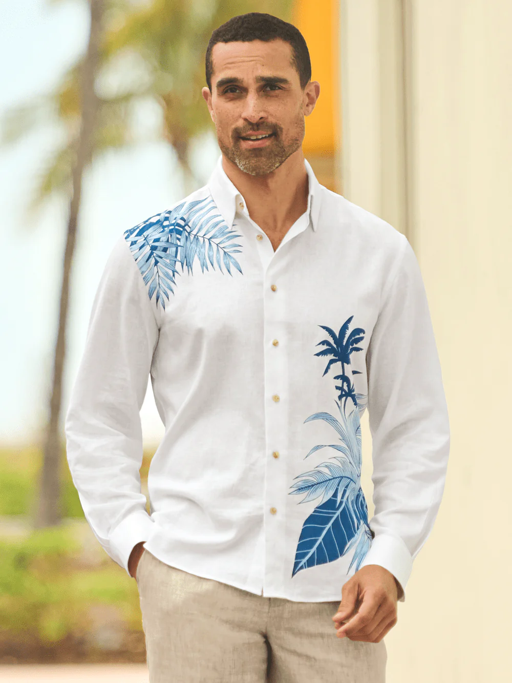 Linen Blend Botanical Print Casual Shirt - White - Image 8