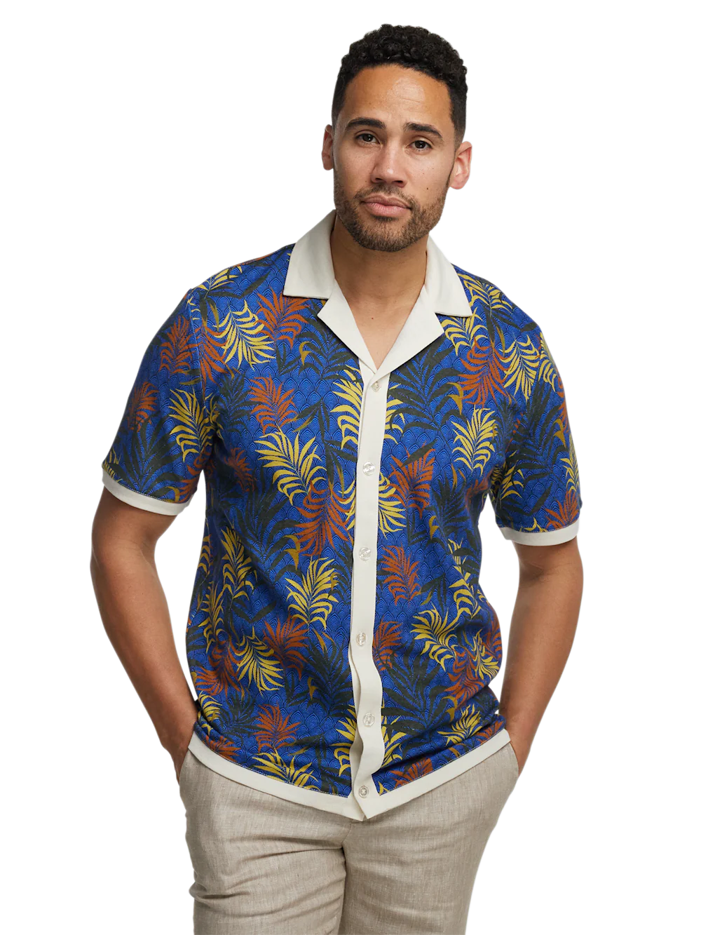 Linen Blend Button Front Camp Collar - Blue Multi - Image 2