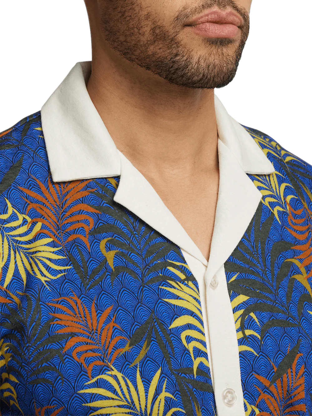 Linen Blend Button Front Camp Collar - Blue Multi - Image 3