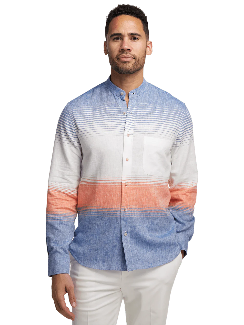 Linen Blend Horizontal Stripe Casual Shirt - Orange/blue - Image 2