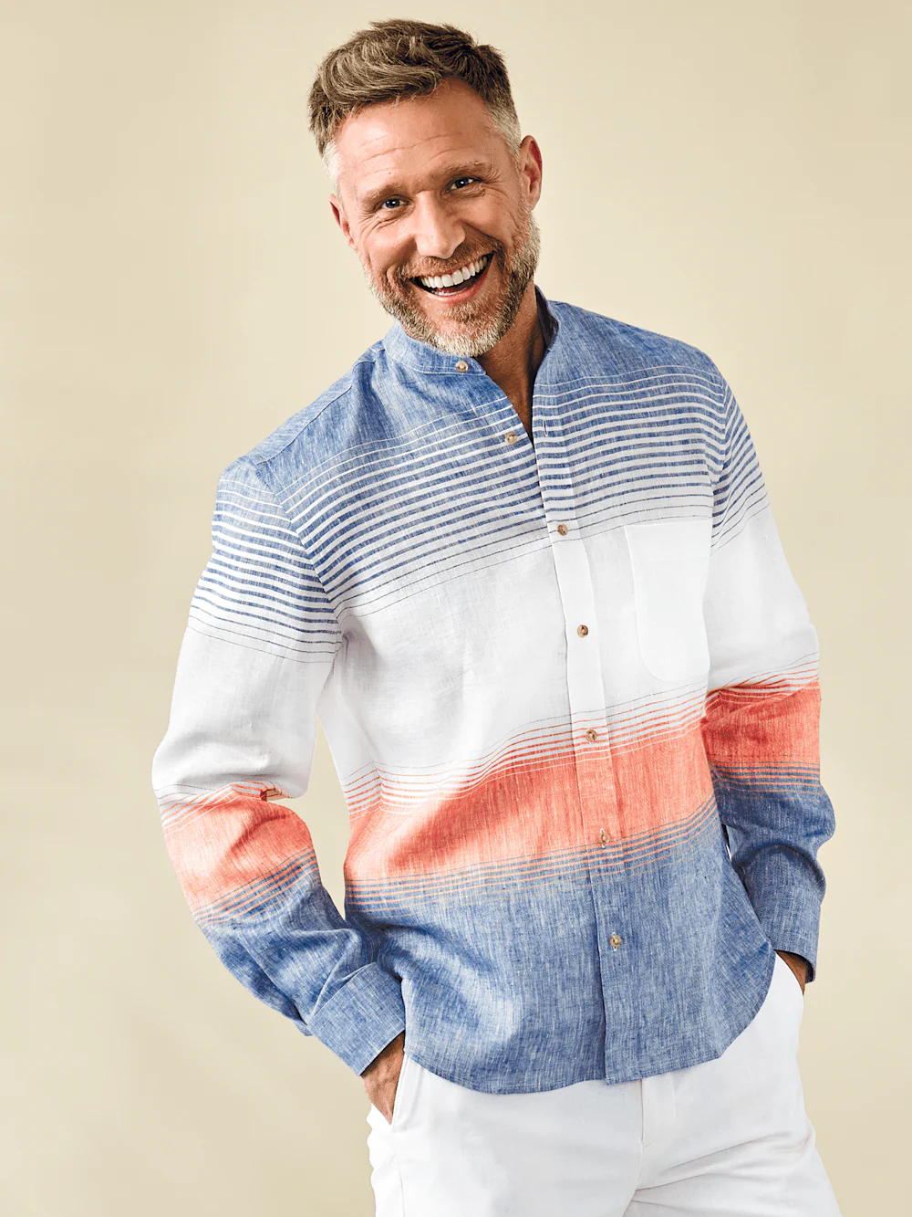 Linen Blend Horizontal Stripe Casual Shirt - Orange/blue - Image 8