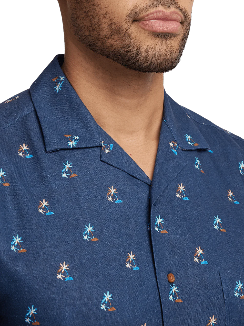 Linen Blend Novelty Print Casual Shirt - Navy - Image 3