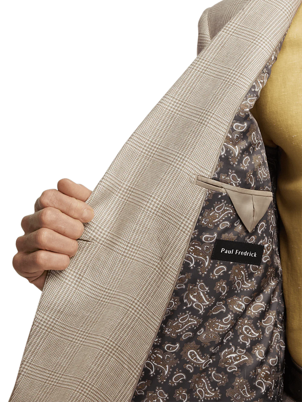 Linen Blend Plaid Double Breasted Peak Lapel Suit Jacket - Tan - Image 4