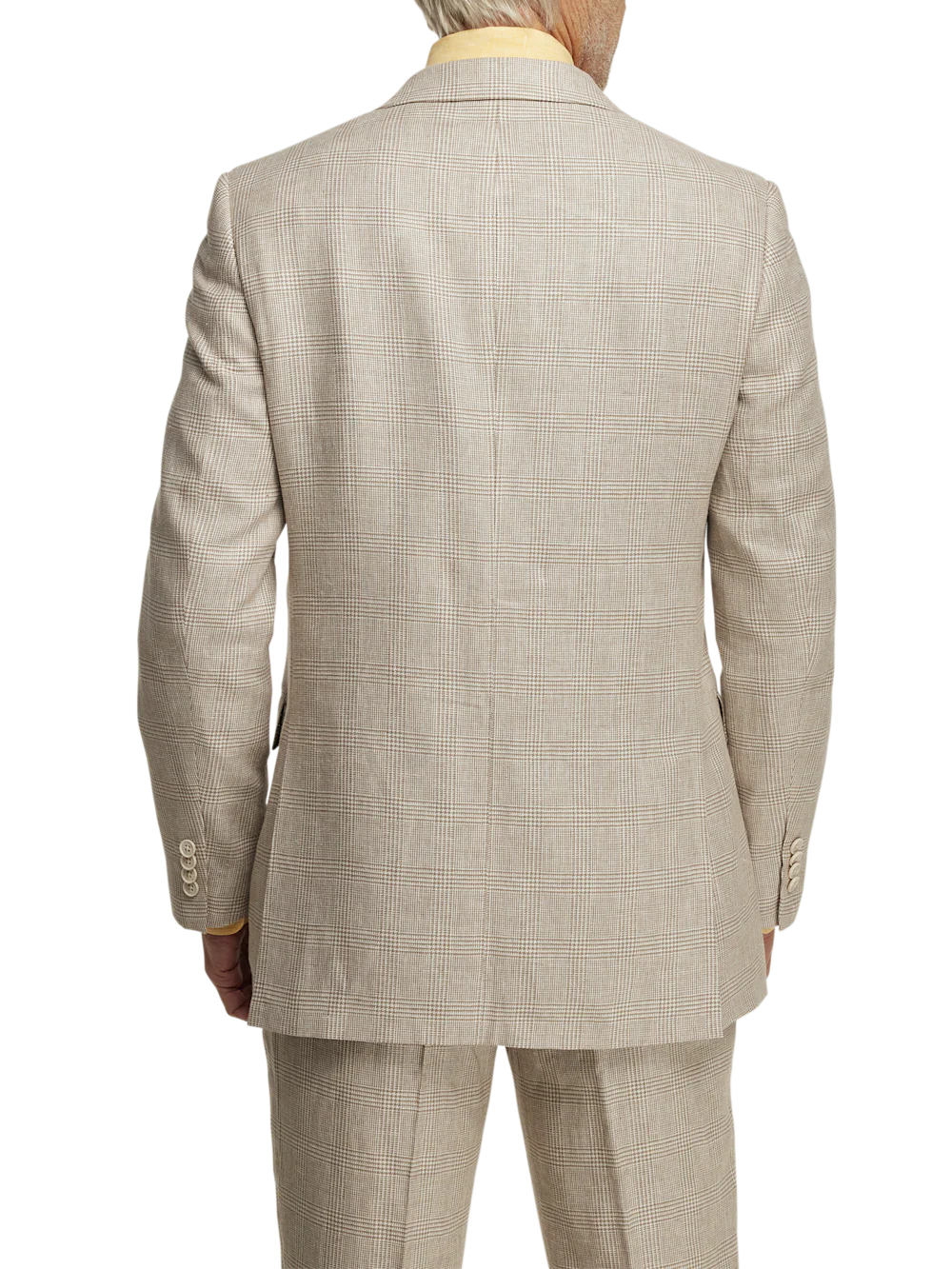Linen Blend Plaid Double Breasted Peak Lapel Suit Jacket - Tan - Image 7
