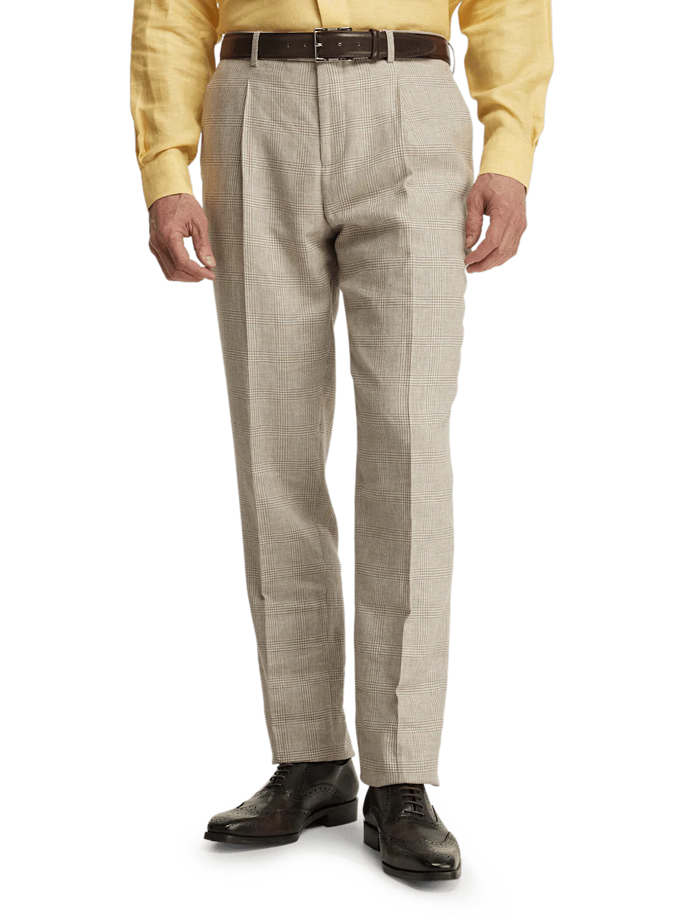 Linen Blend Plaid Single Pleat Suit Pants - Tan - Image 2