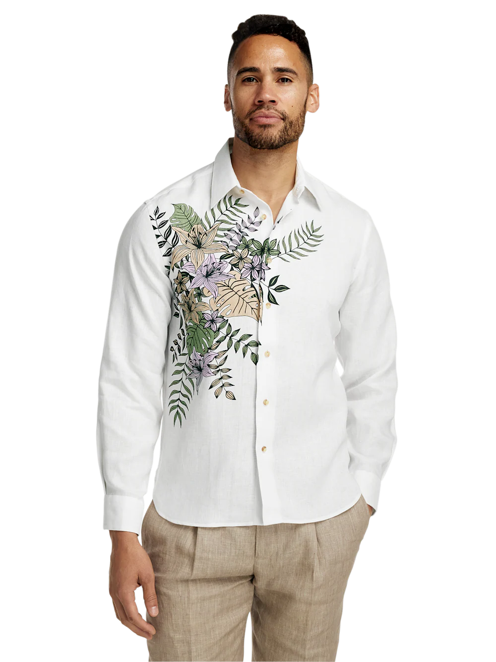 Linen Blend Print Panel Casual Shirt - Multi - Image 2
