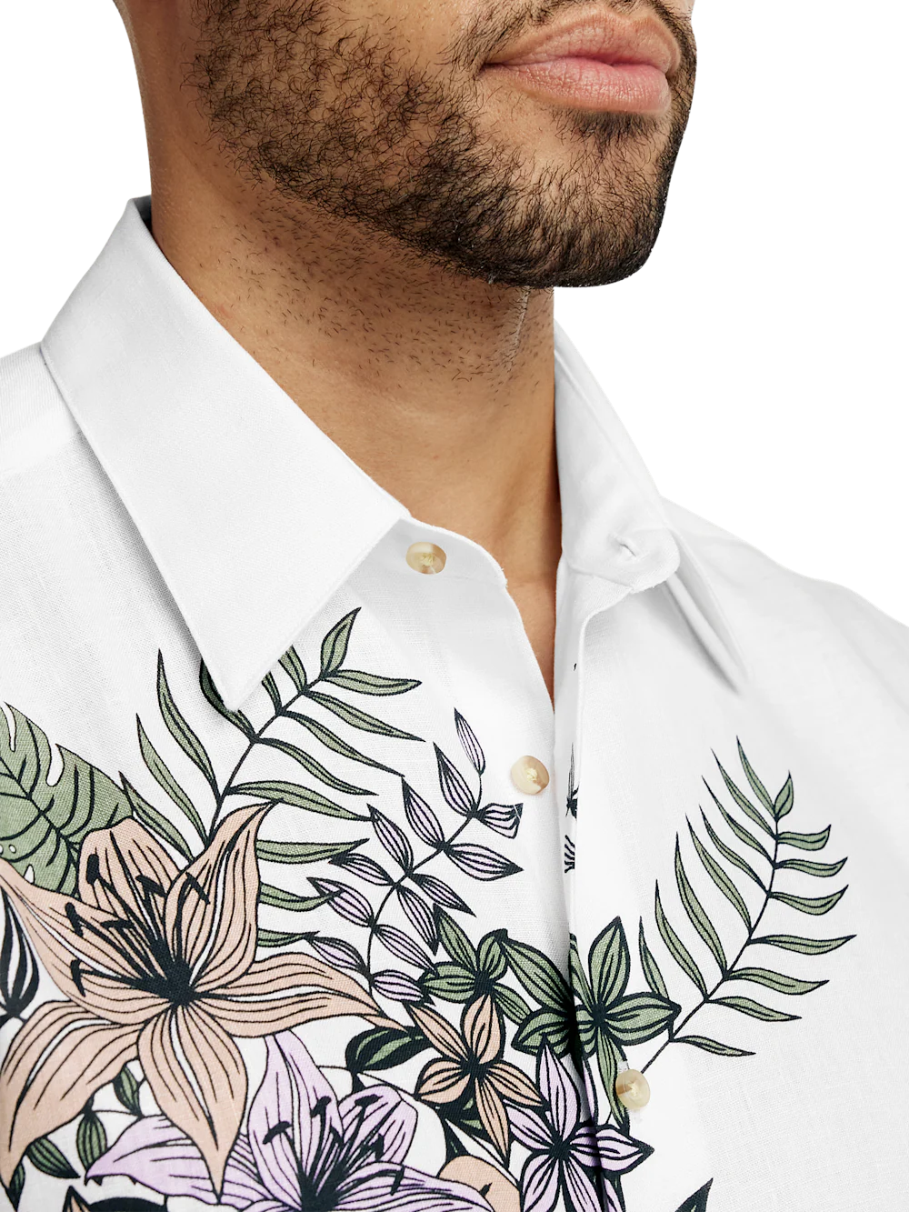 Linen Blend Print Panel Casual Shirt - Multi - Image 3