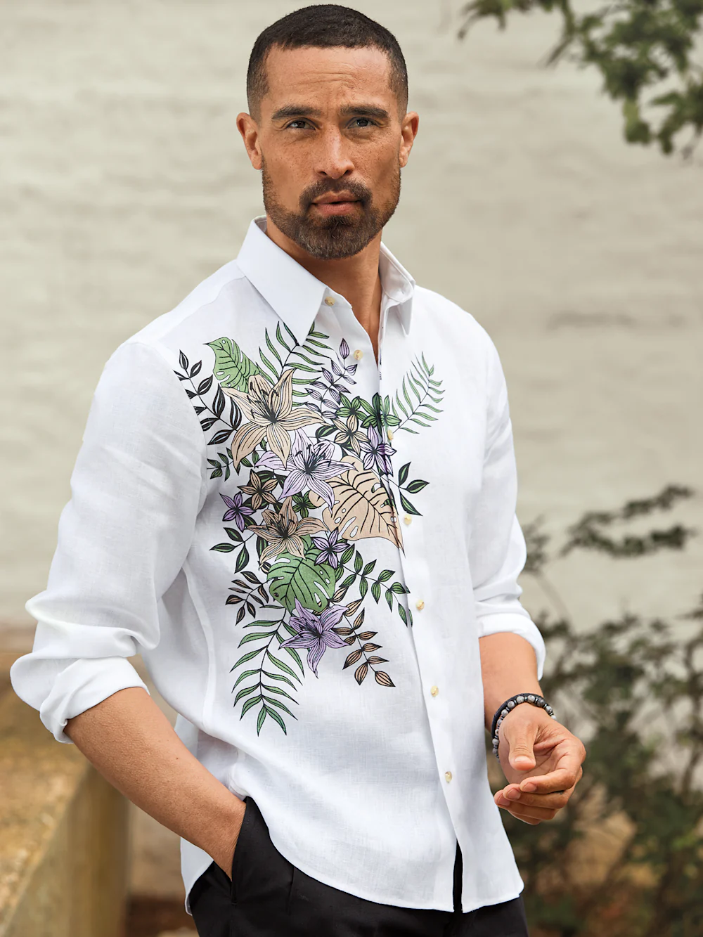 Linen Blend Print Panel Casual Shirt - Multi - Image 8