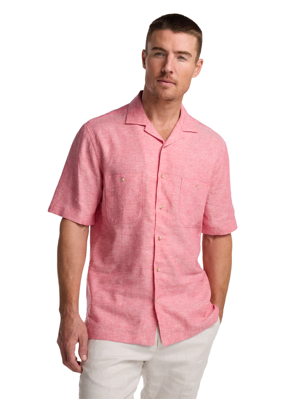 Linen Blend Solid Casual Shirt - Light Red - Image 2