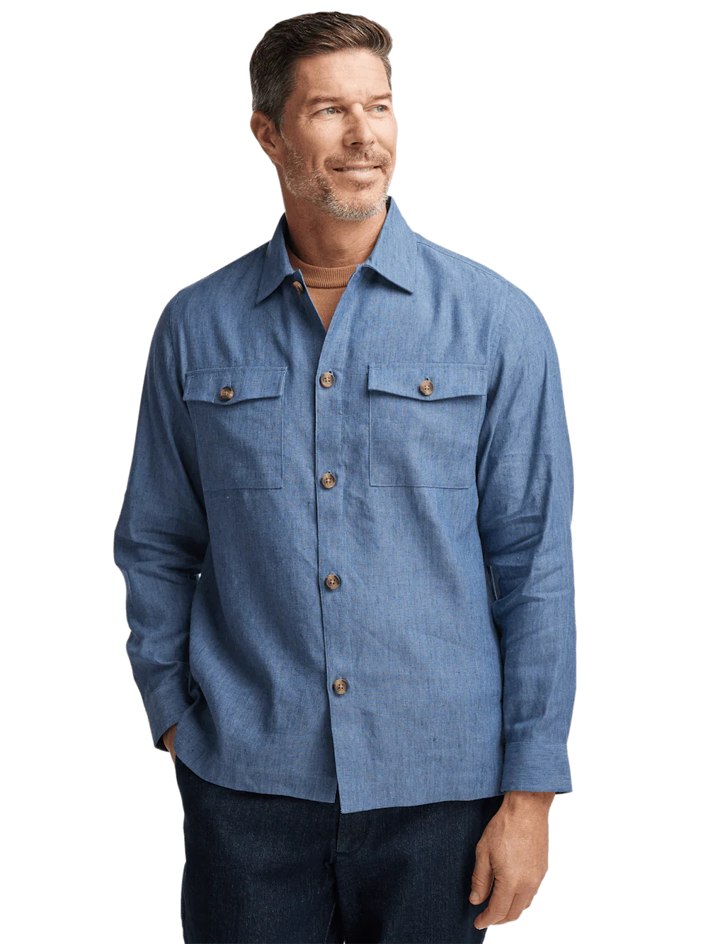 Linen Blend Solid Overshirt - Blue - Image 2