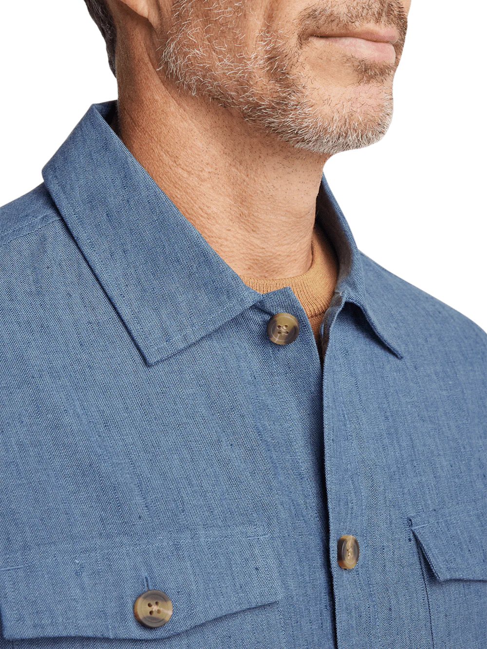 Linen Blend Solid Overshirt - Blue - Image 3