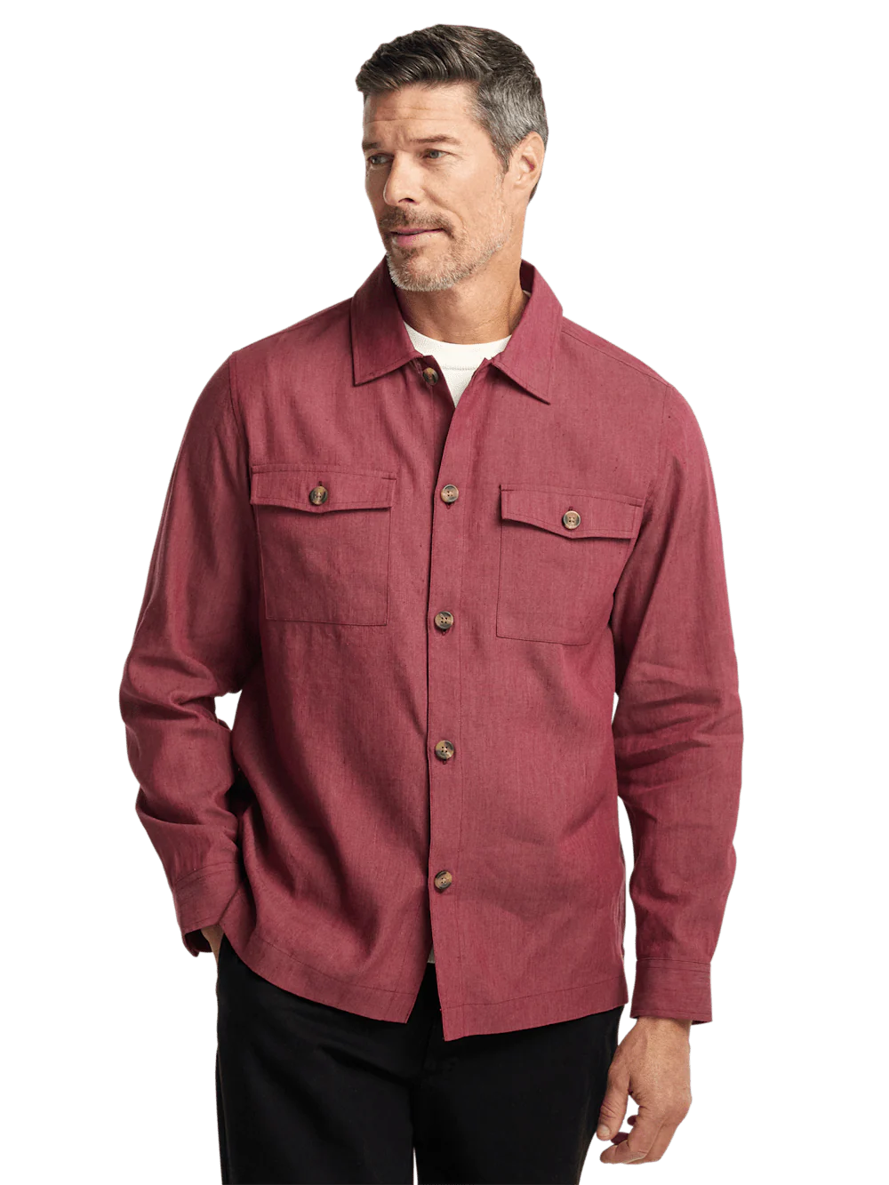 Linen Blend Solid Overshirt - Burgundy - Image 2