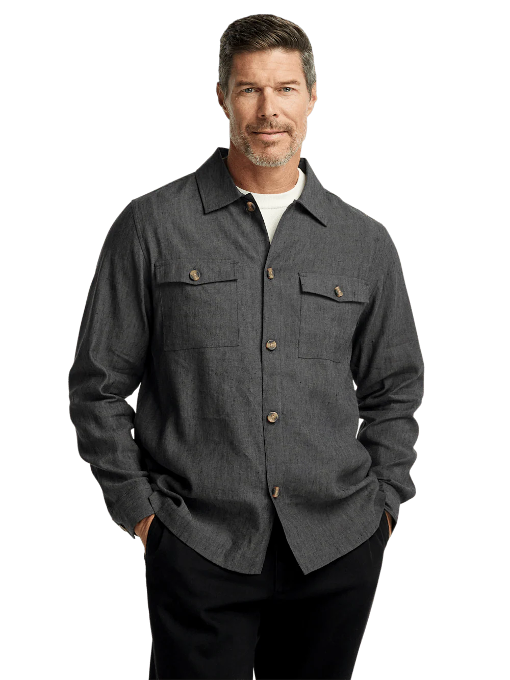 Linen Blend Solid Overshirt - Charcoal - Image 2