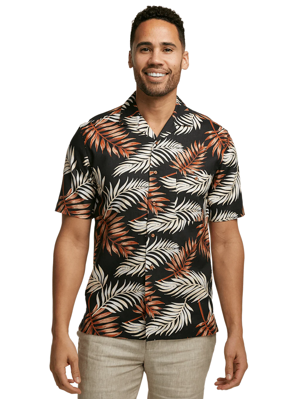 Linen Blend Tropical Print Casual Shirt - Black Multi - Image 2