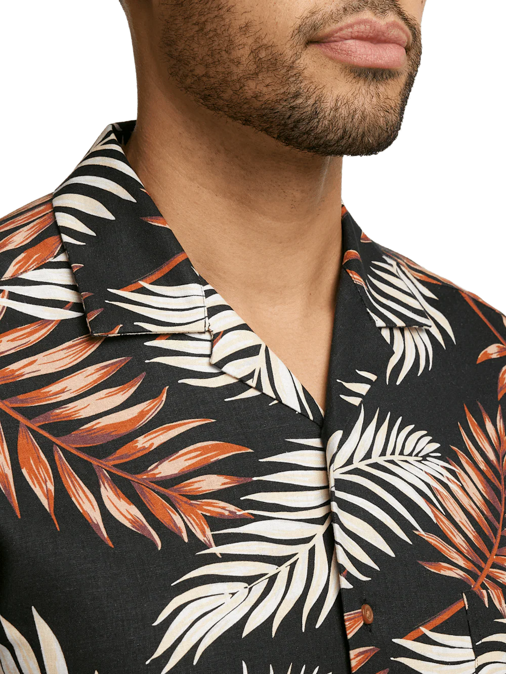 Linen Blend Tropical Print Casual Shirt - Black Multi - Image 3