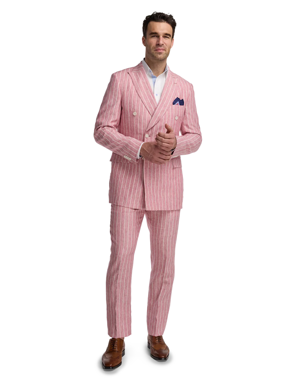 Linen Pinstripe Double Breasted Peak Lapel Suit - Pink/white - Image 2