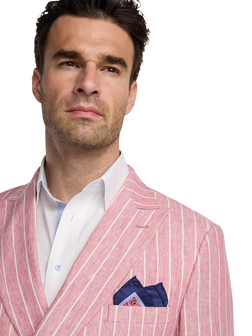 Linen Pinstripe Double Breasted Peak Lapel Suit - Pink/white - Image 3