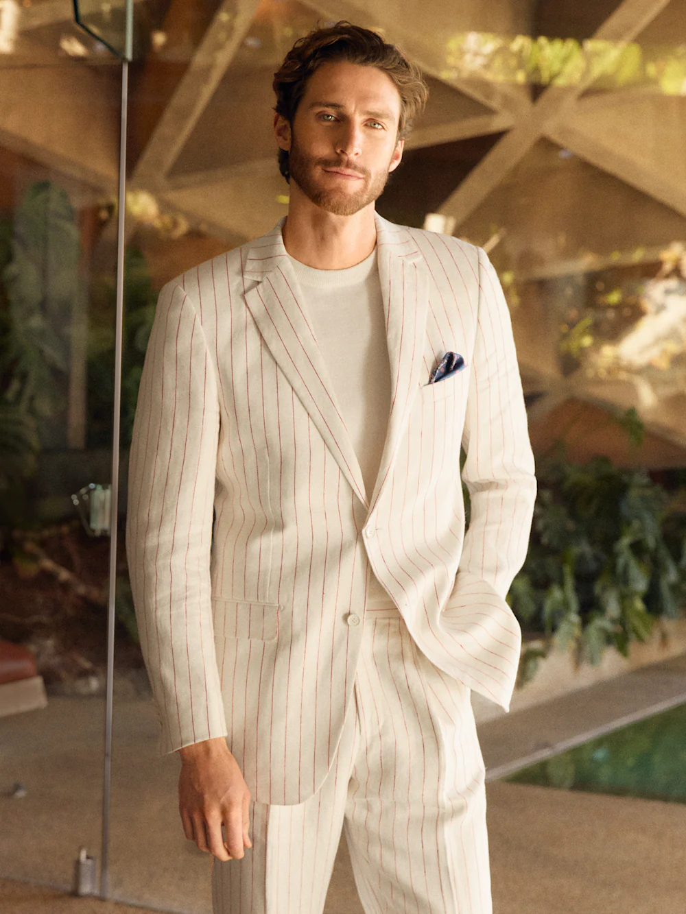 Linen Pinstripe Single Breasted Notch Lapel Suit - White/red - Image 10