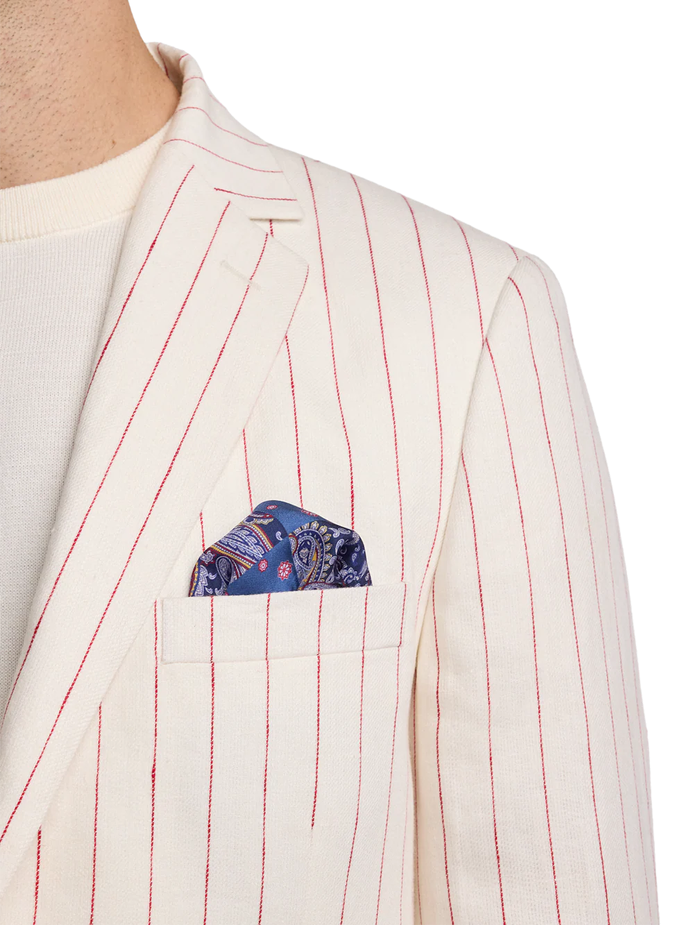 Linen Pinstripe Single Breasted Notch Lapel Suit - White/red - Image 6