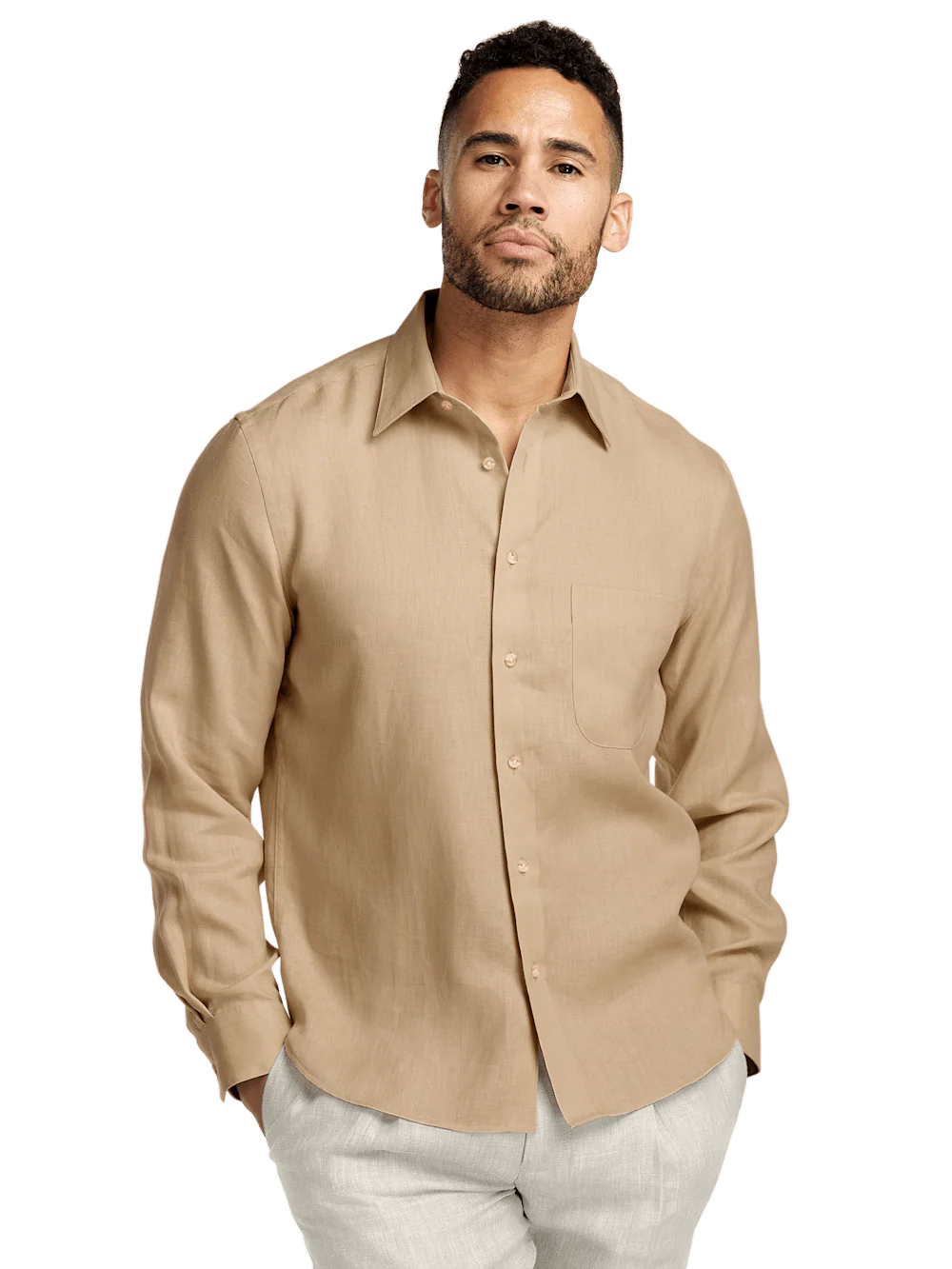 Linen Solid Casual Shirt - Tan - Image 2