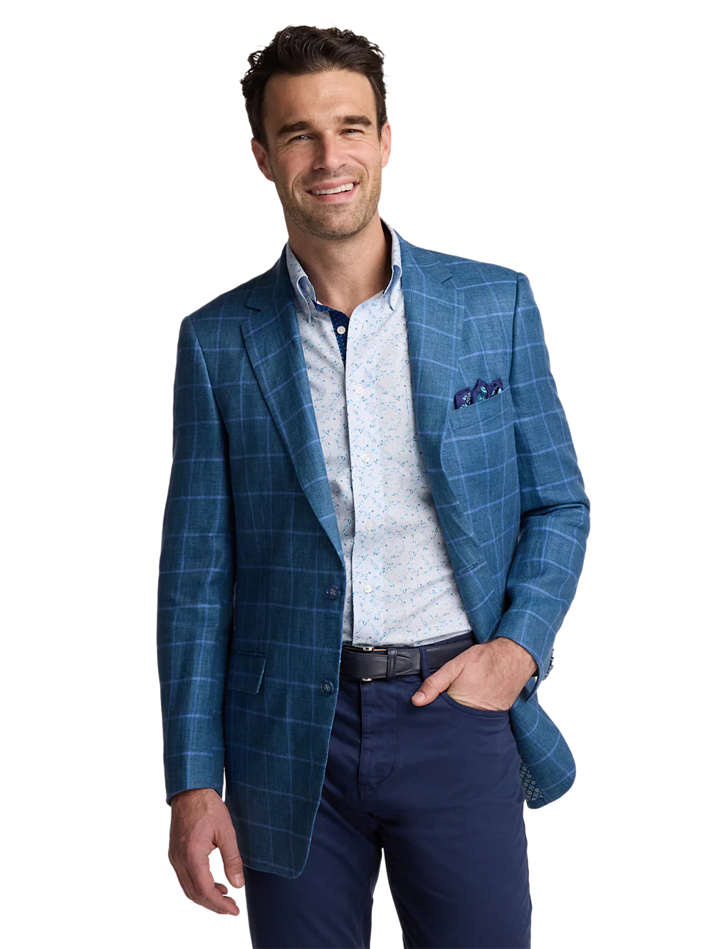 Linen Windowpane Single Breasted Notch Lapel Sport Coat - Blue/aqua - Image 2