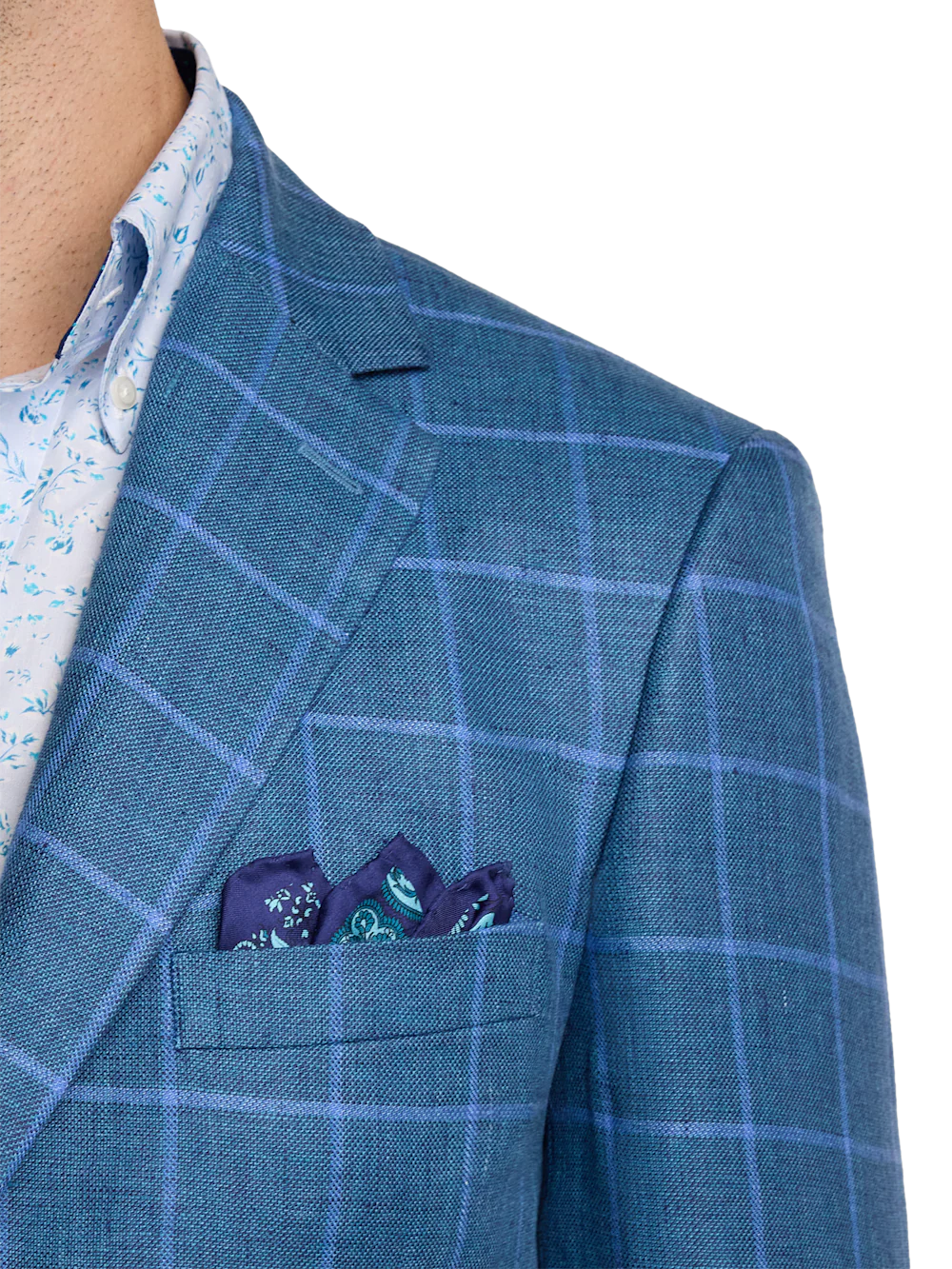 Linen Windowpane Single Breasted Notch Lapel Sport Coat - Blue/aqua - Image 6