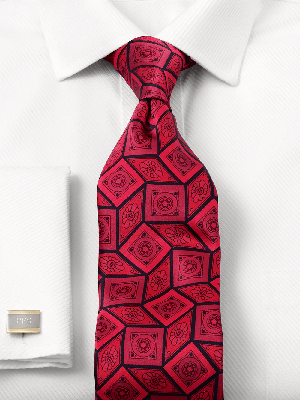 Medallion Printed Italian Silk Tie - Red - Image 2