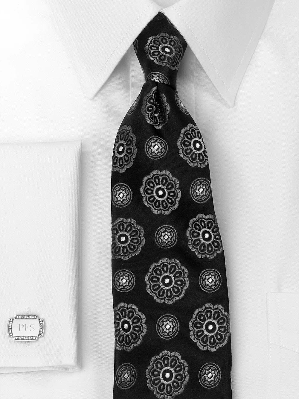 Medallion Woven Silk Tie - Black/silver - Image 2