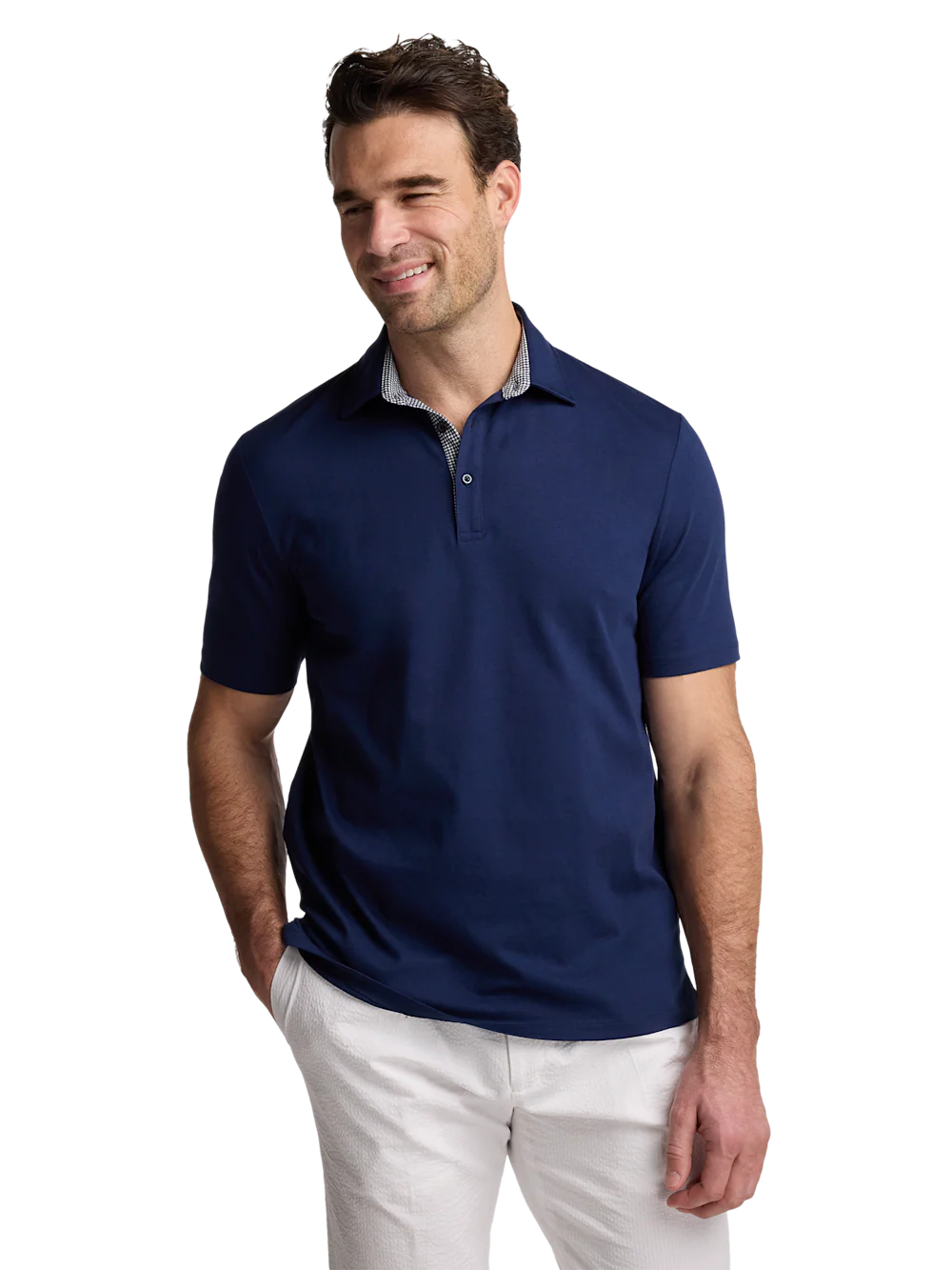 Mercerized Cotton Three Button Polo - Navy - Image 2