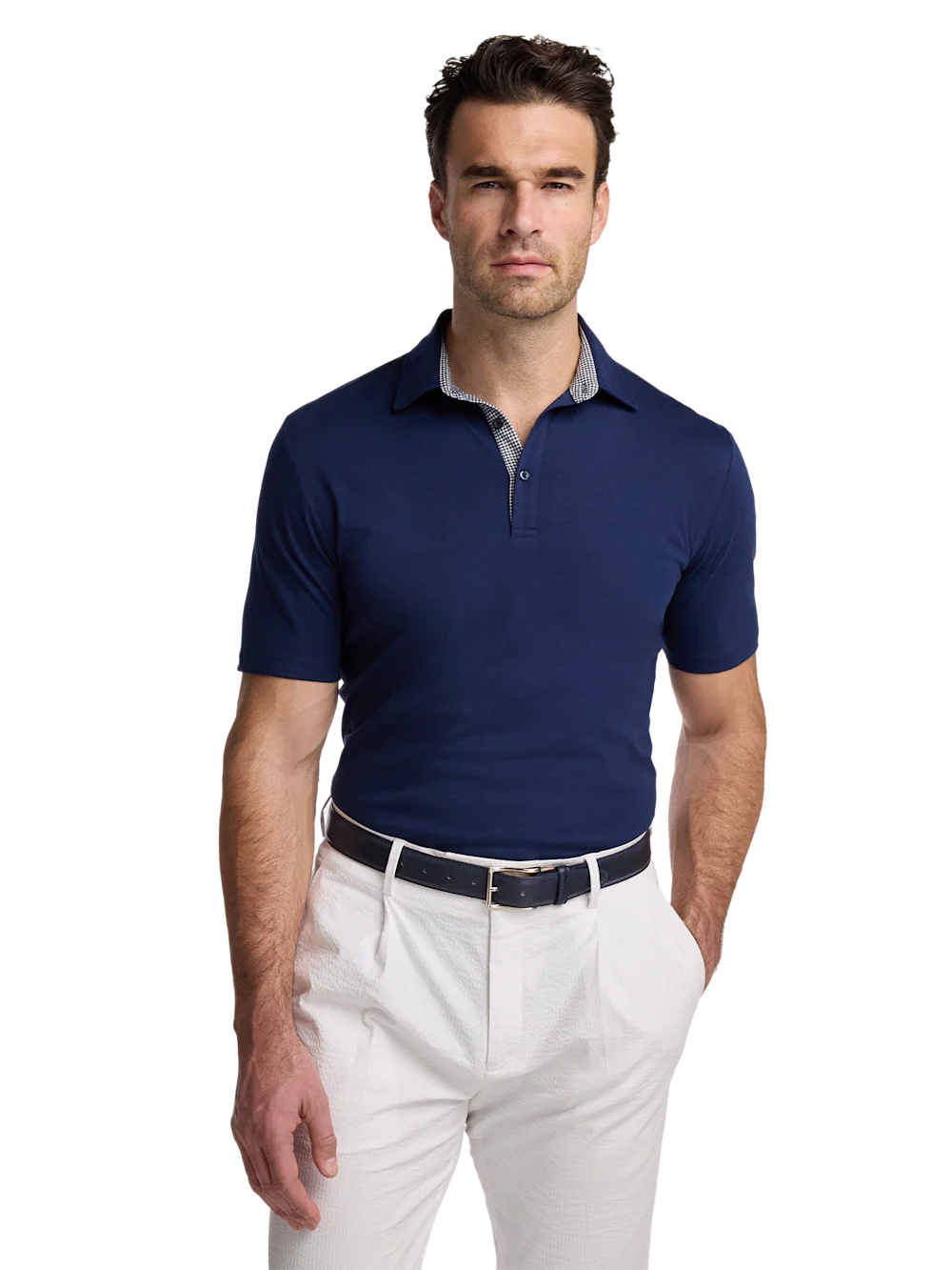 Mercerized Cotton Three Button Polo - Navy - Image 3