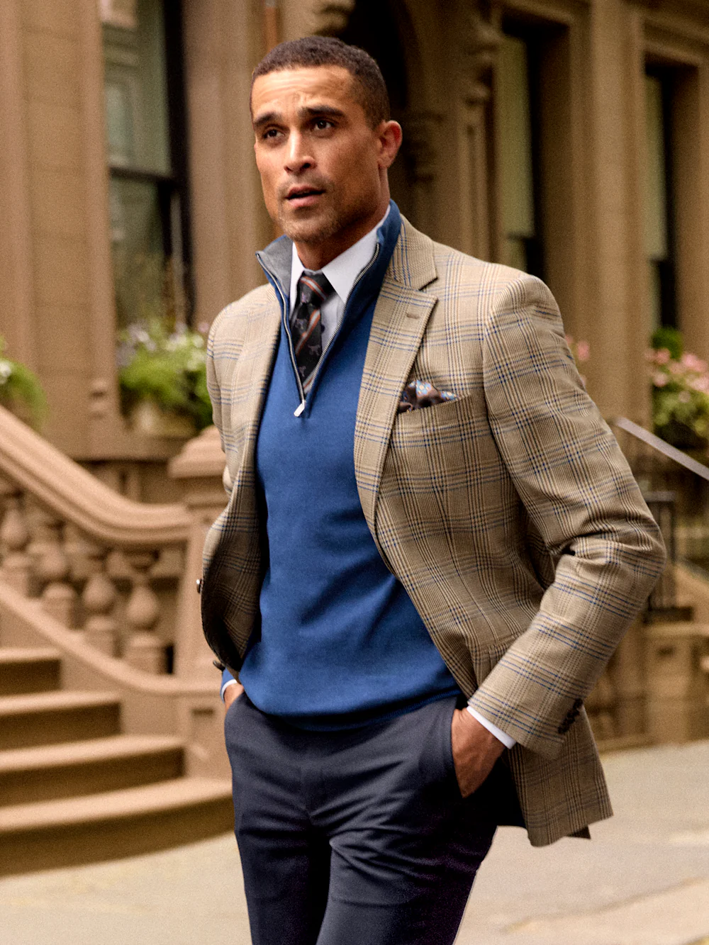 Microfiber Plaid Single Breasted Notch Lapel Sport Coat - Brown/navy - Image 8