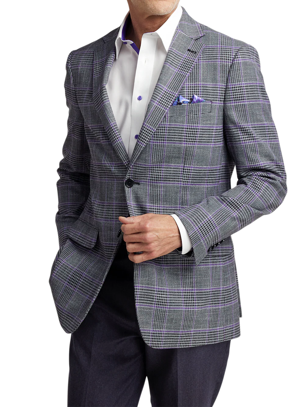 Microfiber Plaid Single Breasted Notch Lapel Sport Coat - Grey/purple - Image 2