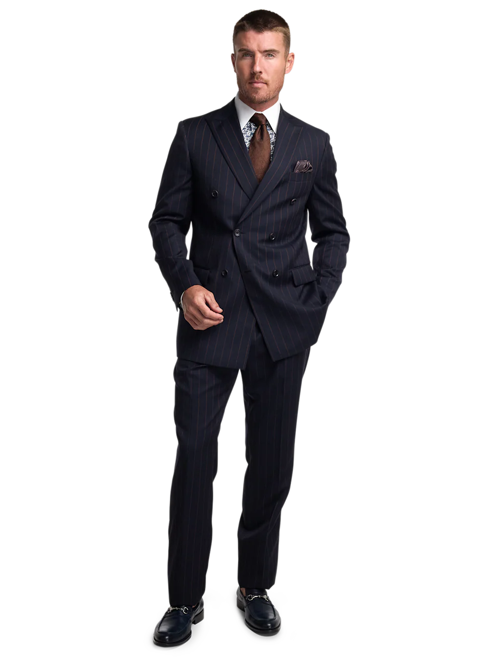 Navy/Brown Wool Stripe Double Breasted Peak Lapel Suit - Navy/brown - Image 2