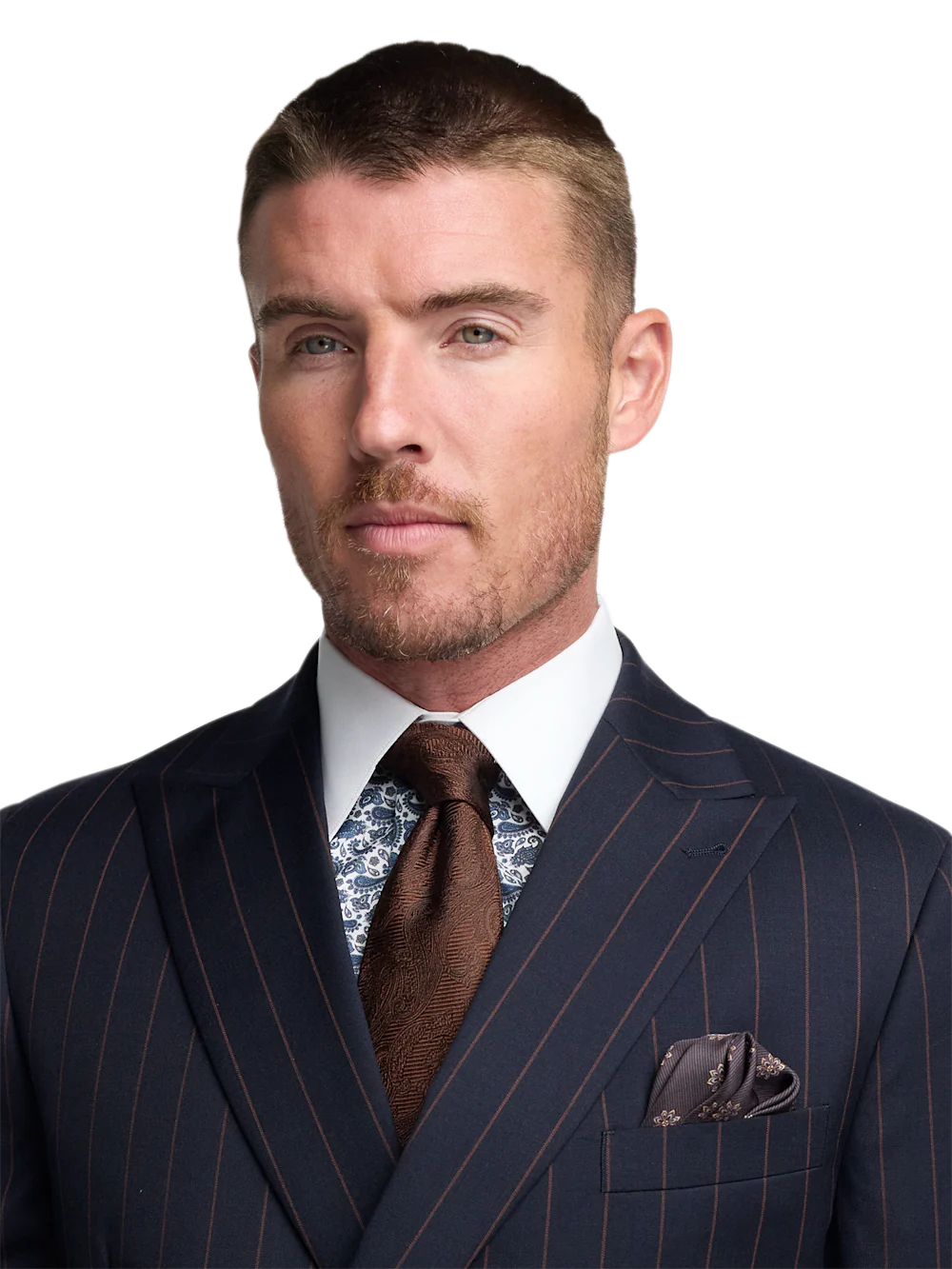 Navy/Brown Wool Stripe Double Breasted Peak Lapel Suit - Navy/brown - Image 3