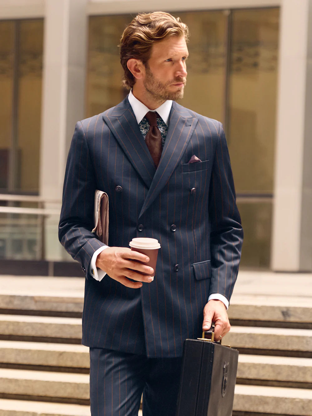 Navy/Brown Wool Stripe Double Breasted Peak Lapel Suit Jacket - Navy/brown - Image 8